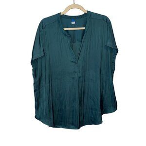 Old Navy Womens Green Satin Short Sleeve Blouse XL Button-Front Relaxed Fit
